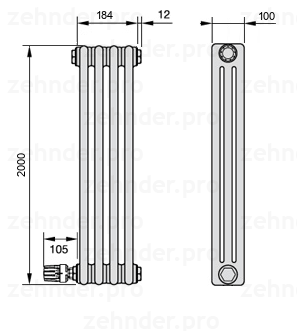 Схема (чертеж) Радиатор Zehnder Charleston 3200/4 №V003 Белый глянцевый RAL 9016